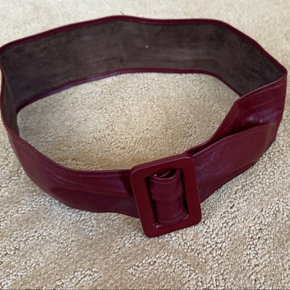 TWO Vintage 80\'s Leather Belts. One Red  with Gold Leaf Buckle. One Burgundy. main image 13